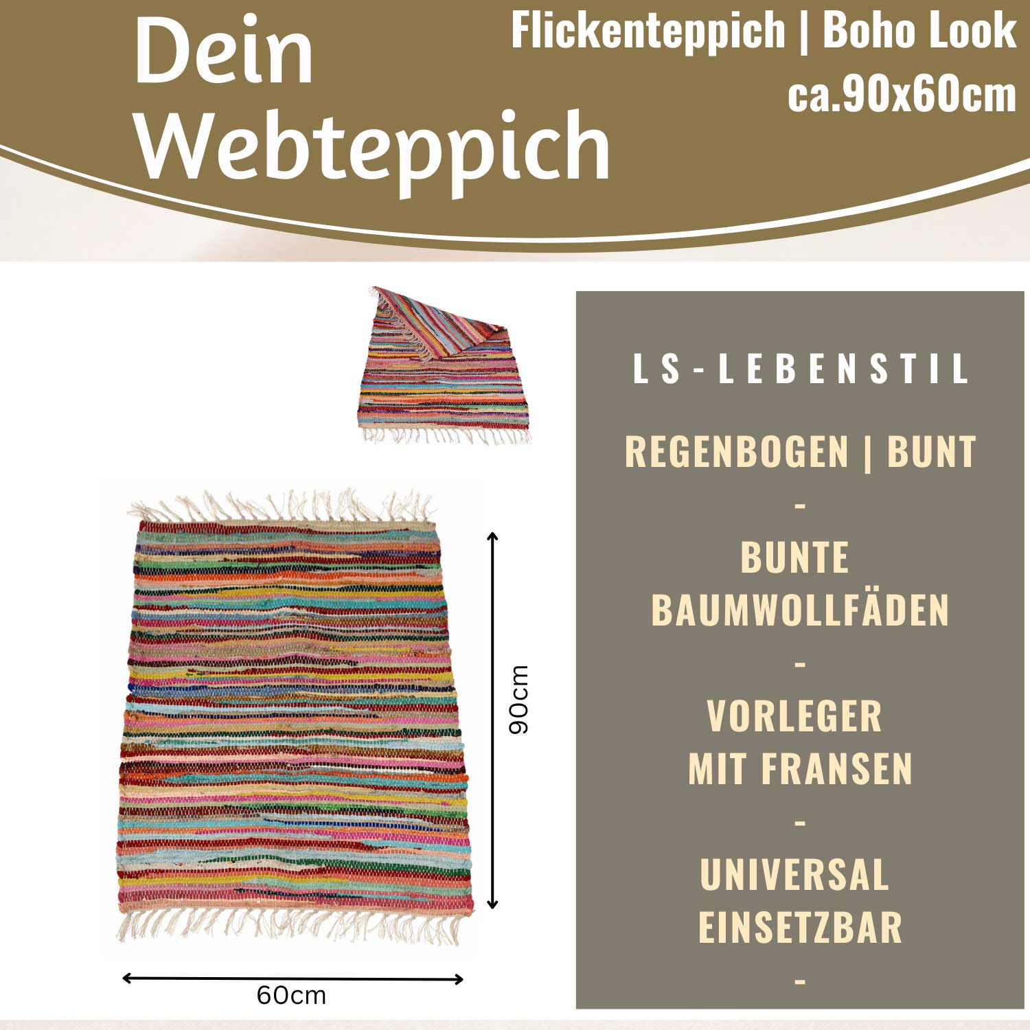 LS-LebenStil Dehli Fleckerlteppich 90x60cm Bunt Baumwolle Boho