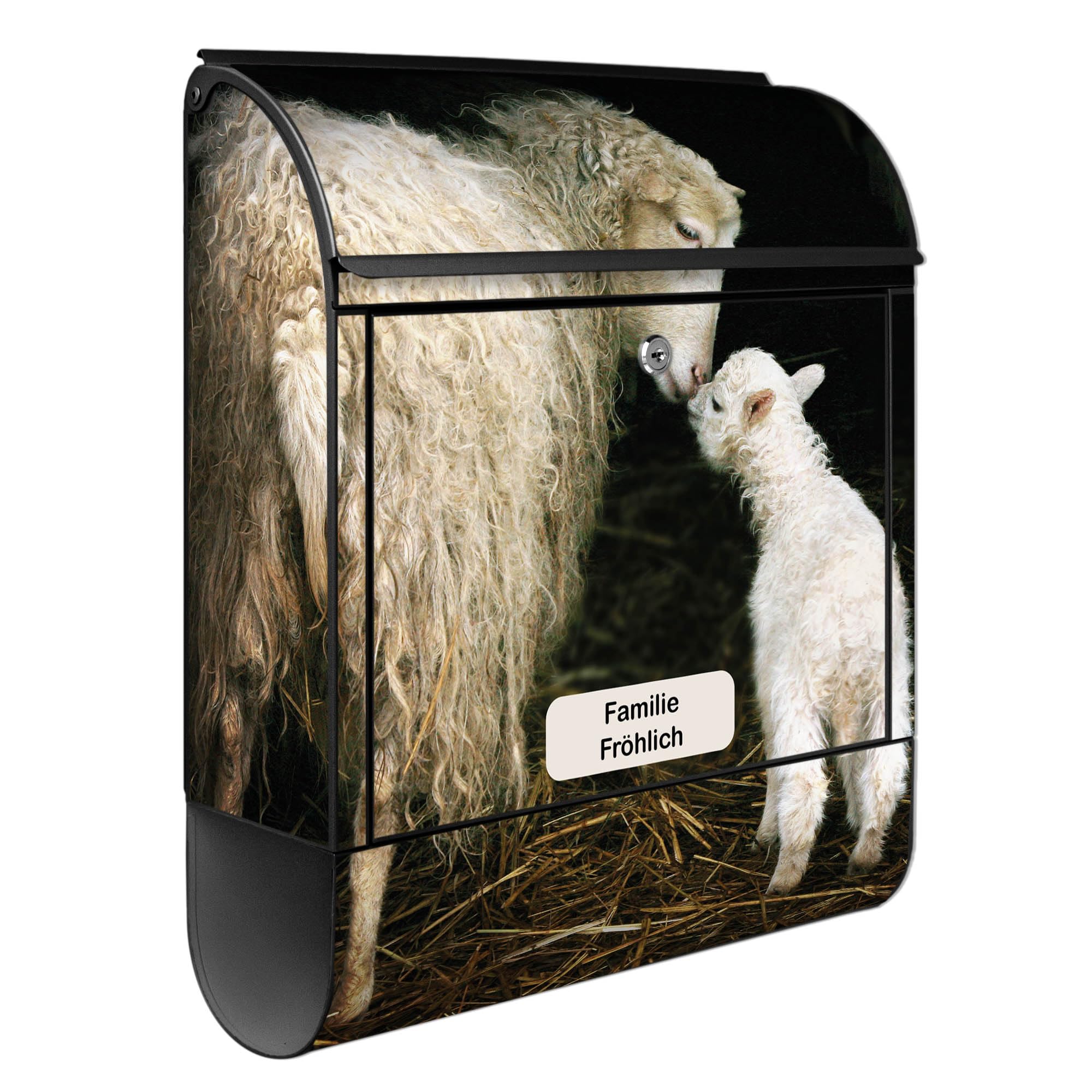 Banjado Briefkasten Stahl 38,5x46,5 cm Schaf und Lamm Schwarz A4