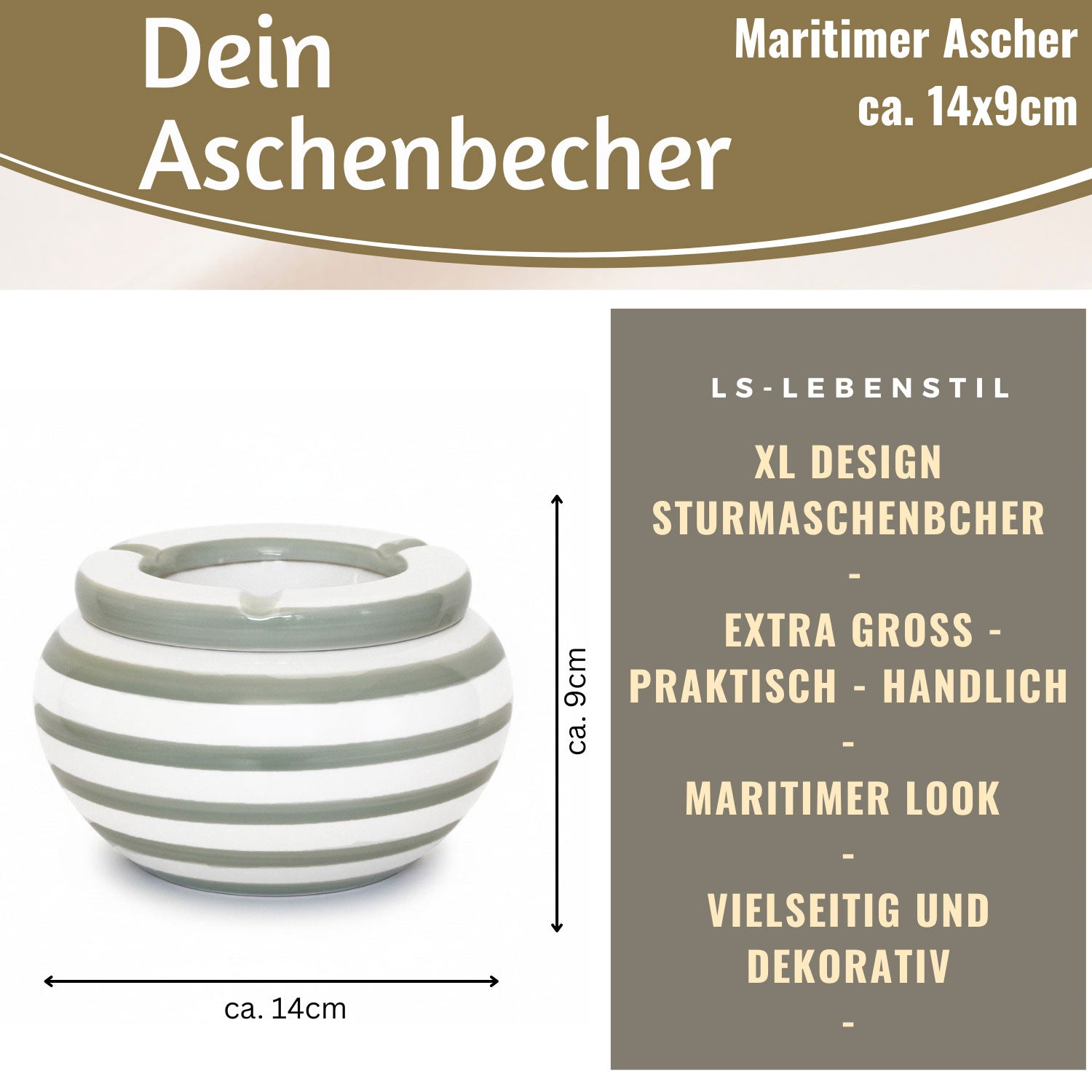 LS-LebenStil XL Sturmaschenbecher Grau Weiß 14x9cm