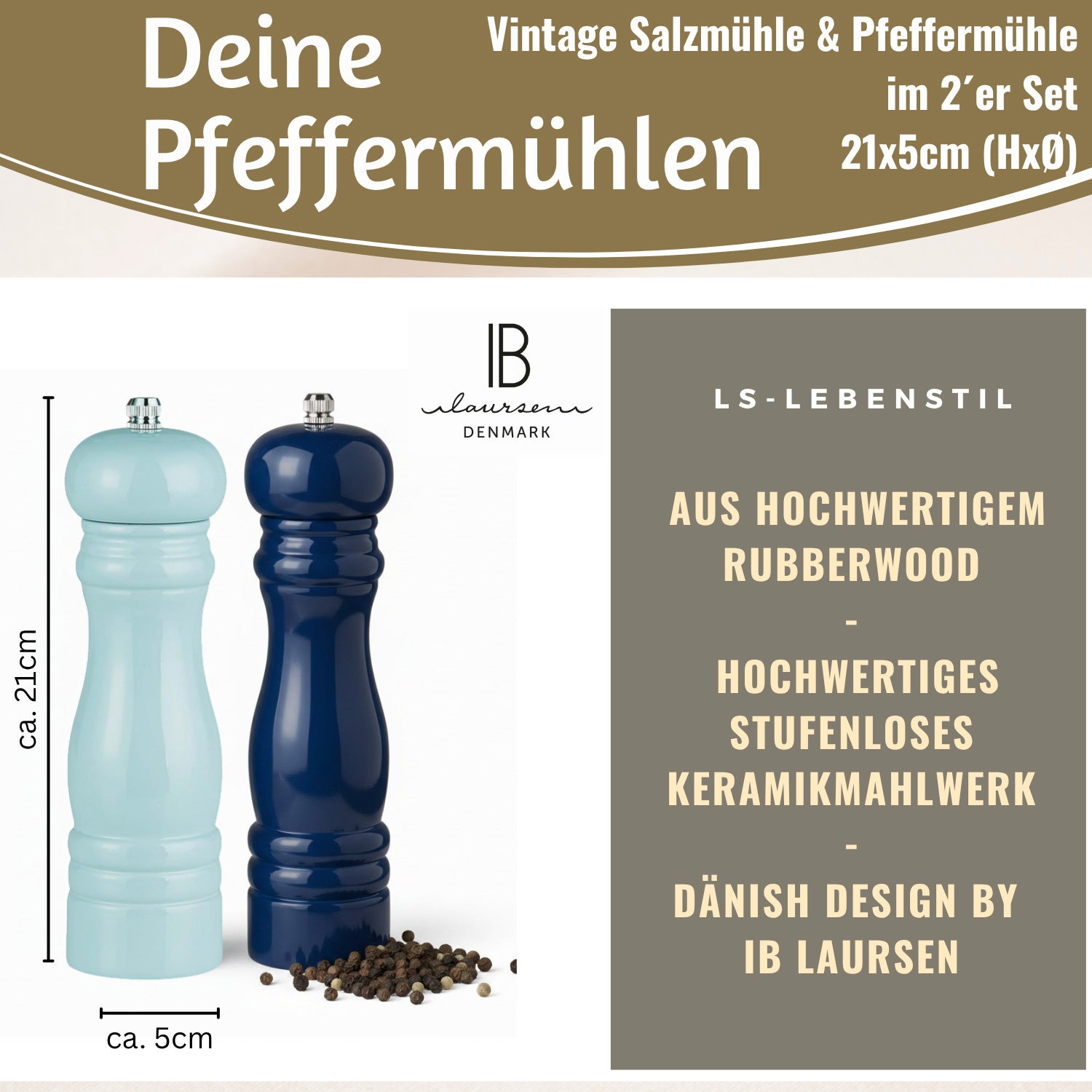 Ib Laursen Salz & Pfeffermühle Set Blau 21cm Holz