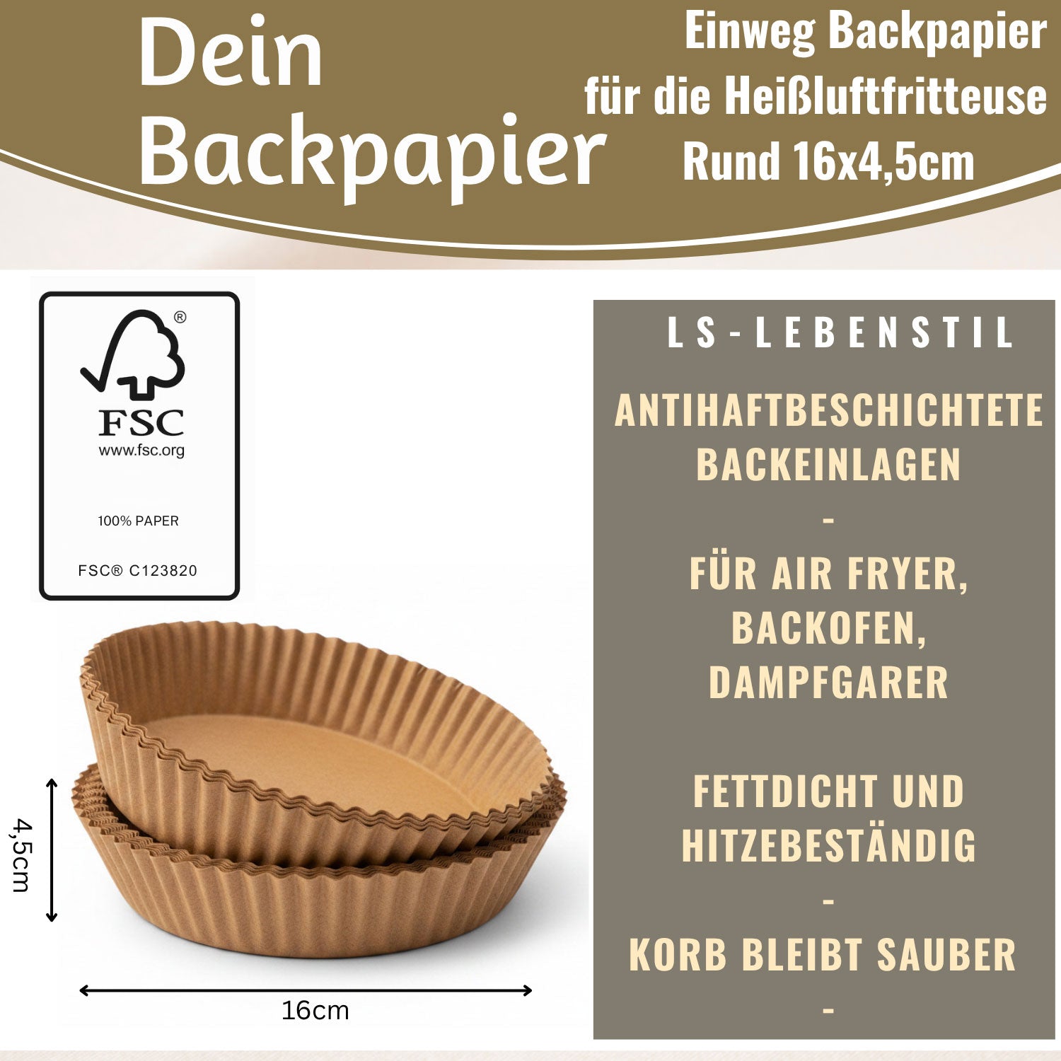 LS-LebenStil Backpapier Rund 16cm 100 Stück Airfryer FSC