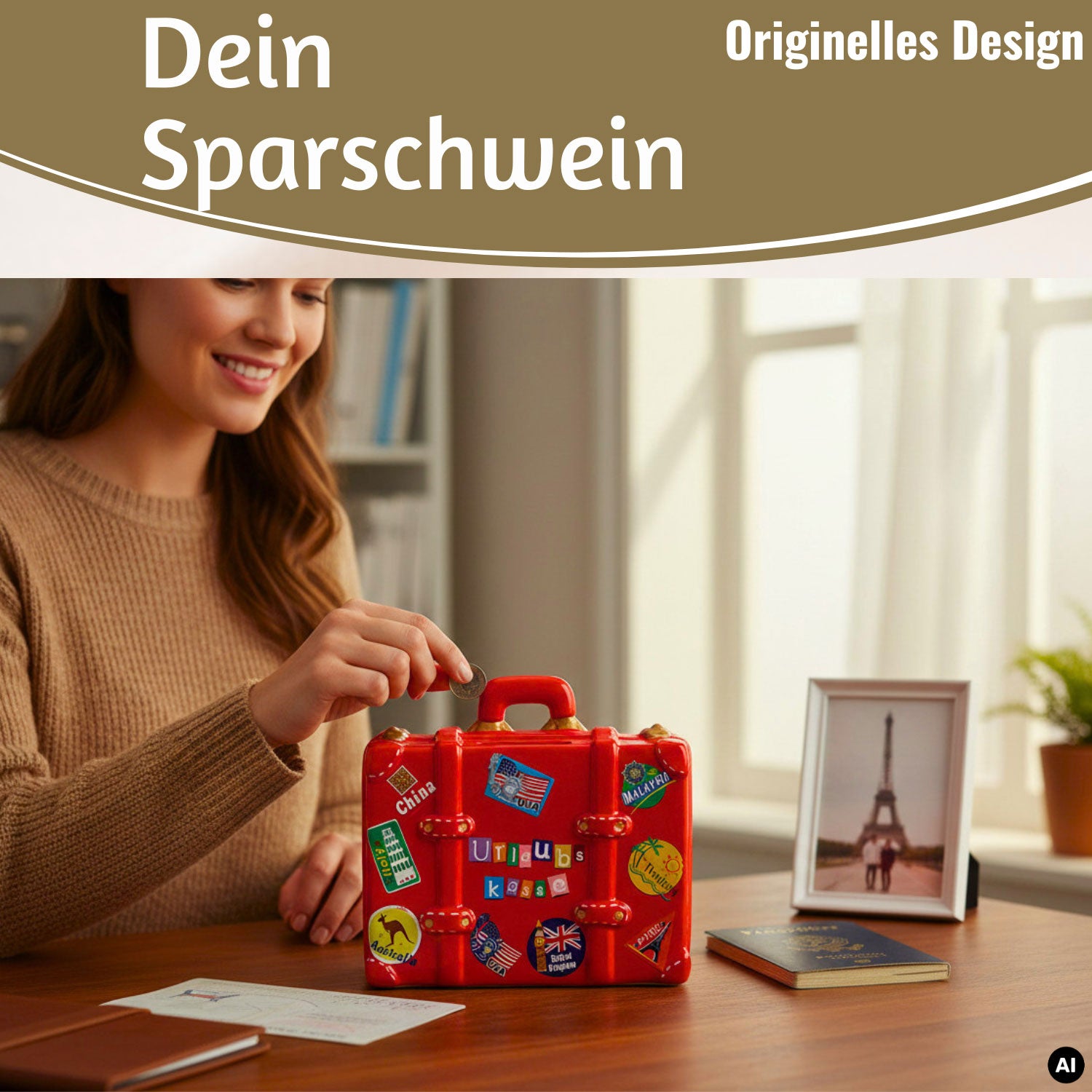 LS-LebenStil Urlaubskasse Sparschwein Koffer Rot Keramik