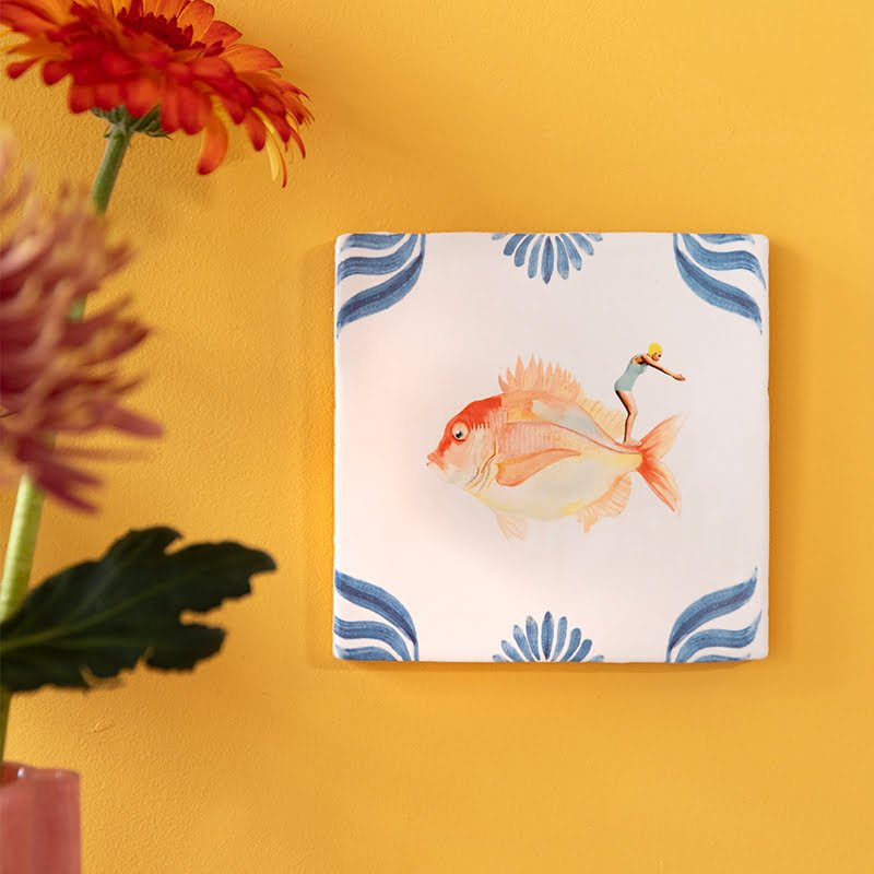 Storytiles Delft Blue Een dappere duik Wandfliese Sprung-Motiv