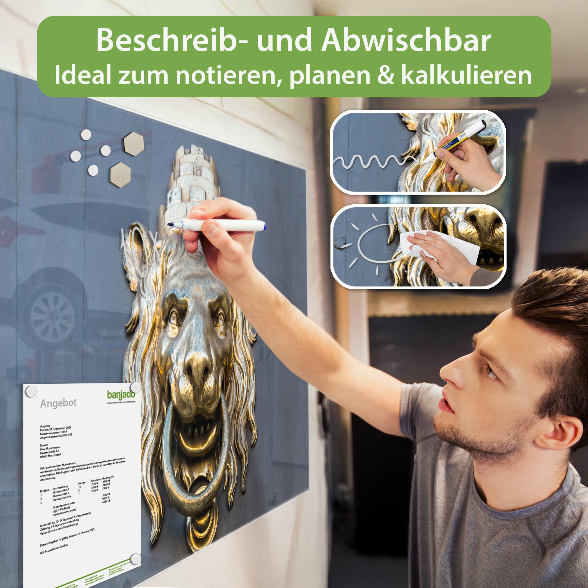 Banjado Magnettafel Türklopfer Löwe Magnetboard 120x80 cm