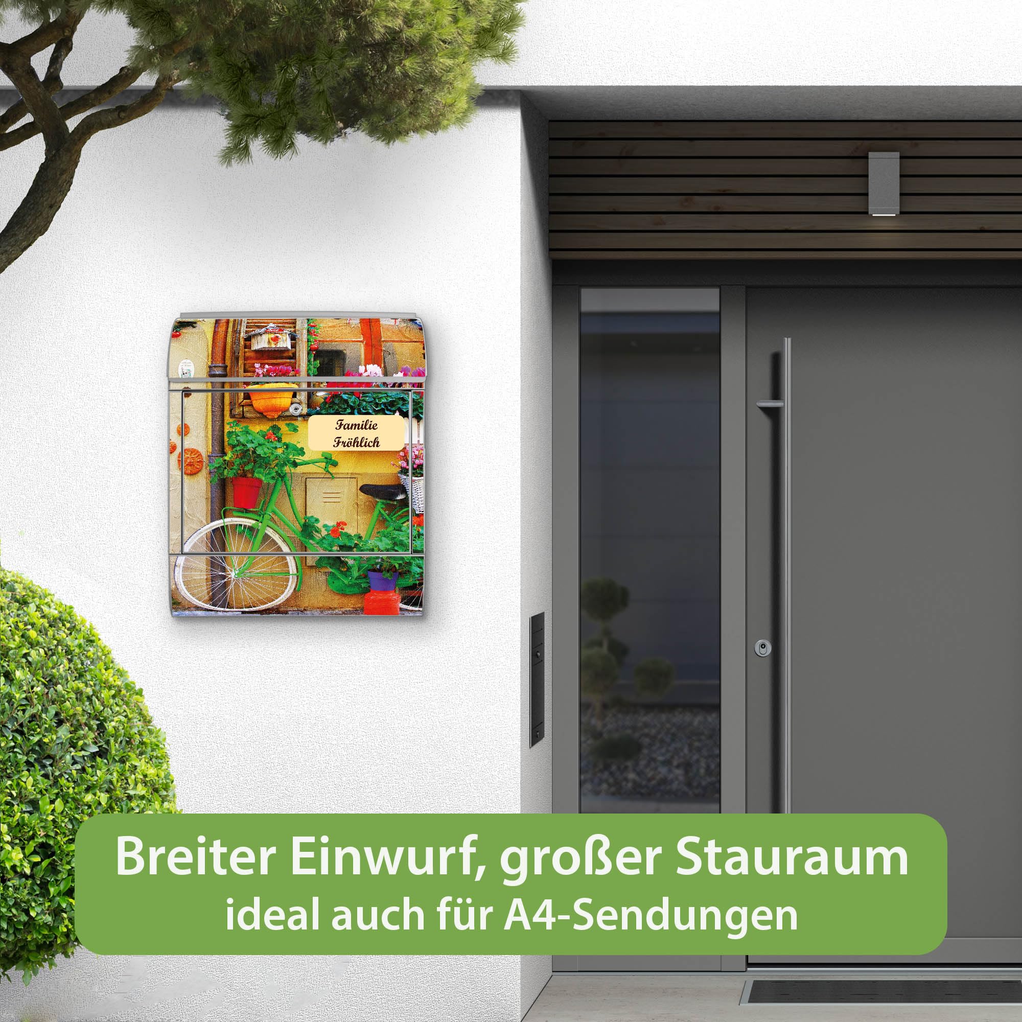 Banjado Briefkasten Grünes Fahrrad Postkasten Silber mit Name A4
