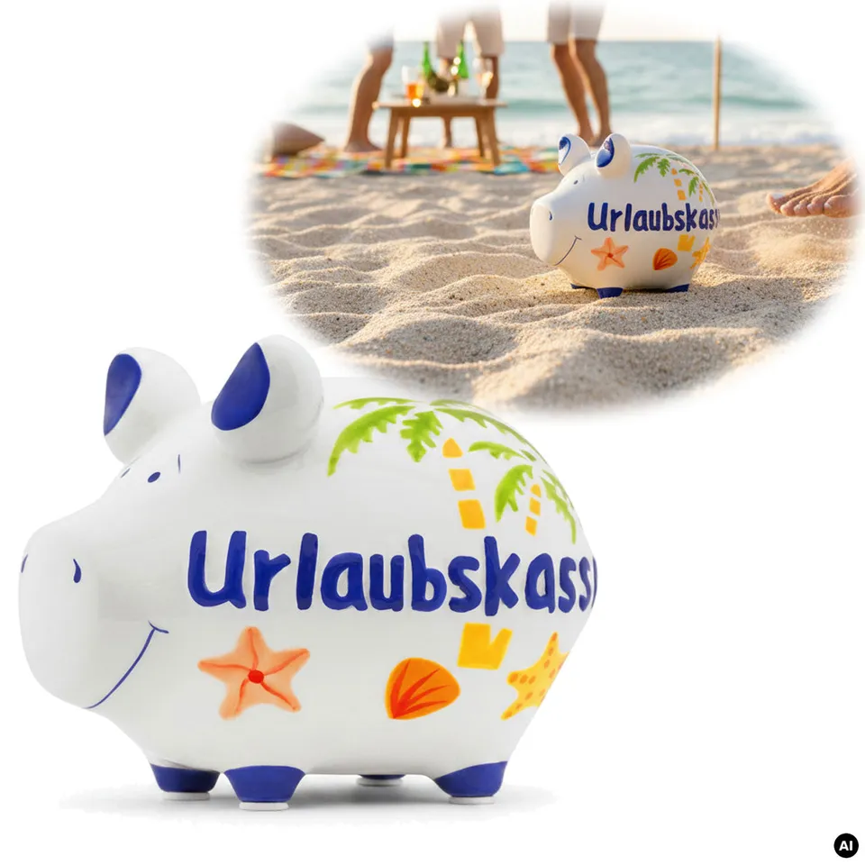 LS-LebenStil Sparschwein Urlaubskasse Keramik weiß-blau