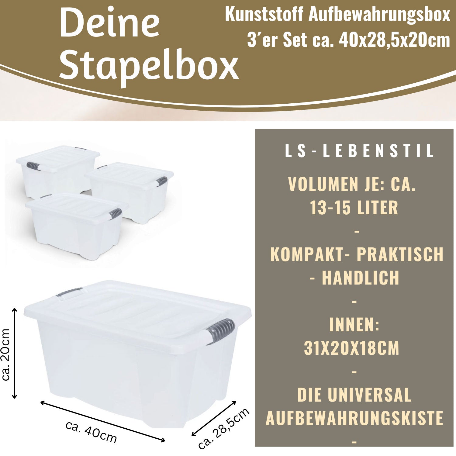 LS-LebenStil Möbel & Wohnen XL Stapelbox 40x28cm transparent 3er Set