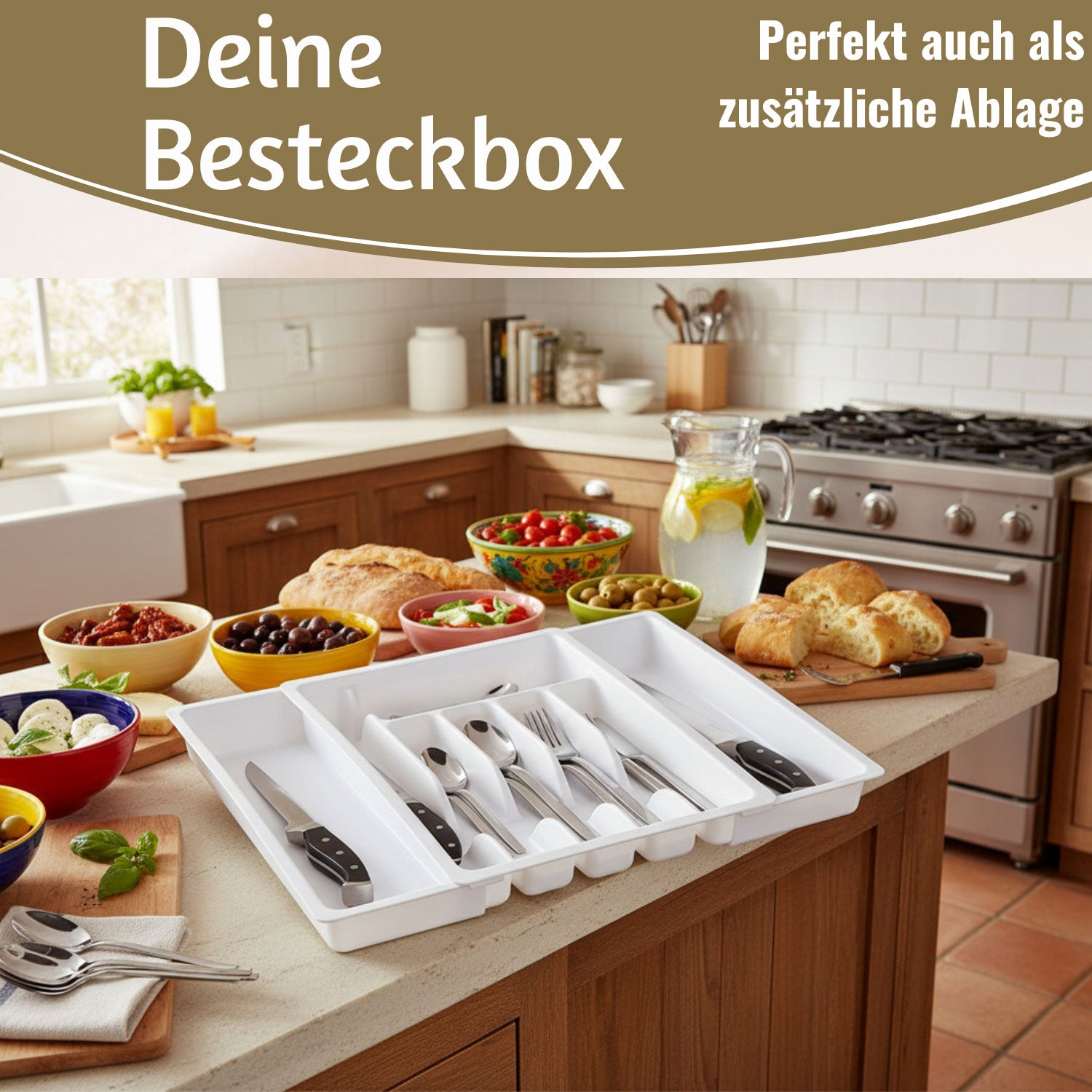 LS-LebenStil Küche Schubladeneinsatz Besteckkasten 29-50cm Weiß