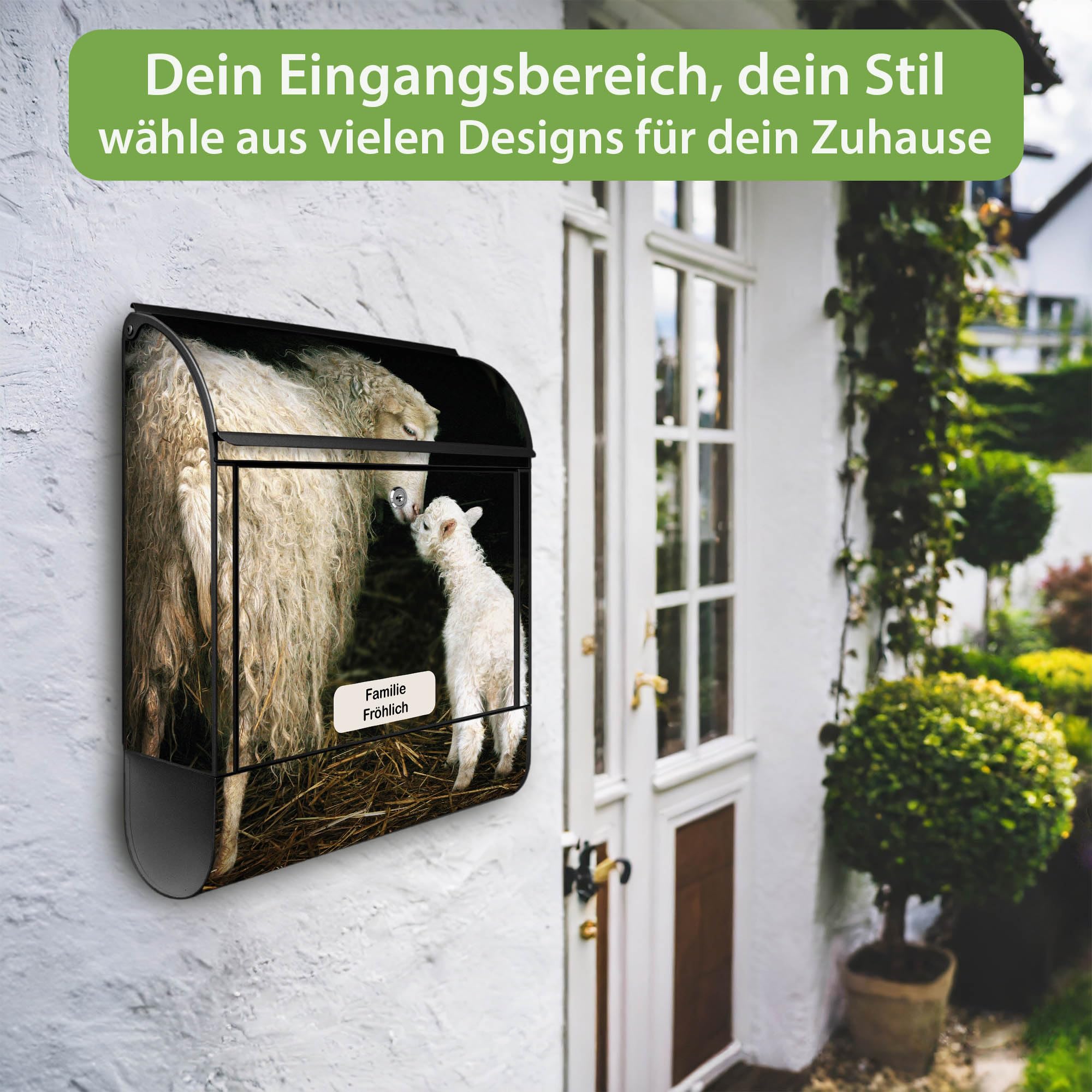 Banjado Briefkasten Stahl 38,5x46,5 cm Schaf und Lamm Schwarz A4