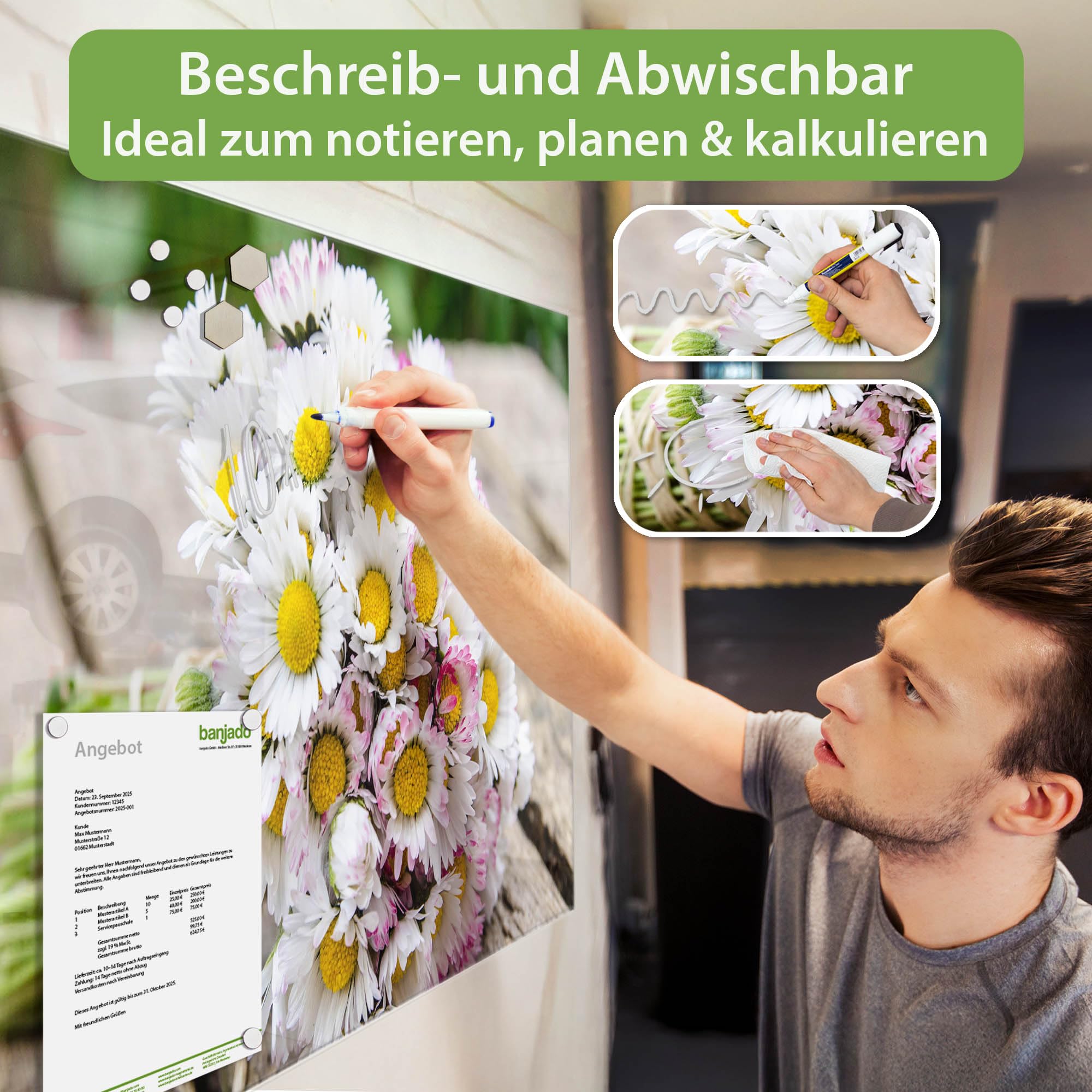 Banjado Magnettafel Strauß Gänseblümchen Magnetboard 80x120 cm Glas