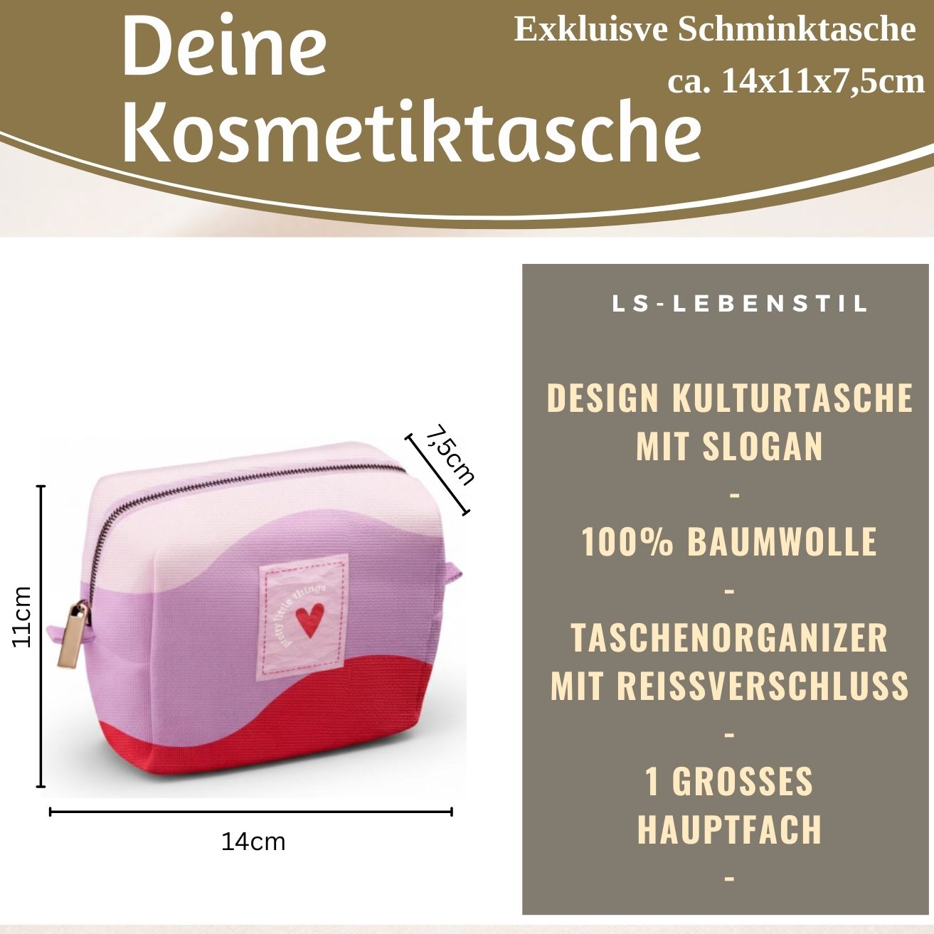 LS-LebenStil Kosmetiktasche Herz 14x11cm rosa Baumwolle