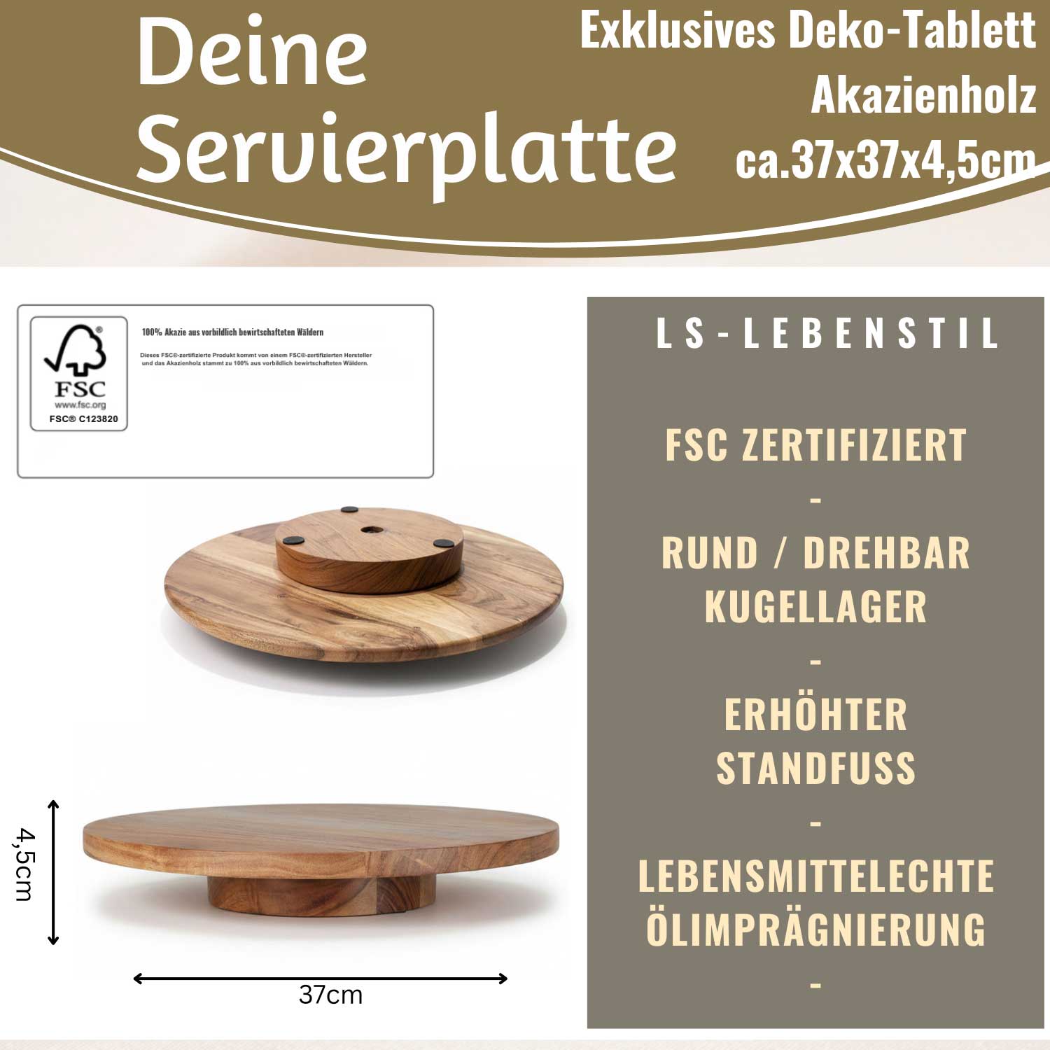 LS-LebenStil Küche & Haushalt Servierplatte Akazie drehbar 37cm