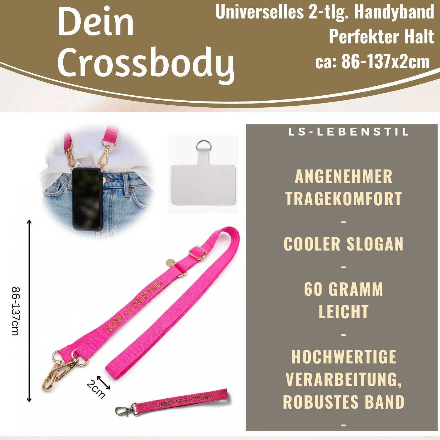 LS-LebenStil Queen Handykette Crossbody pink-gold 137cm