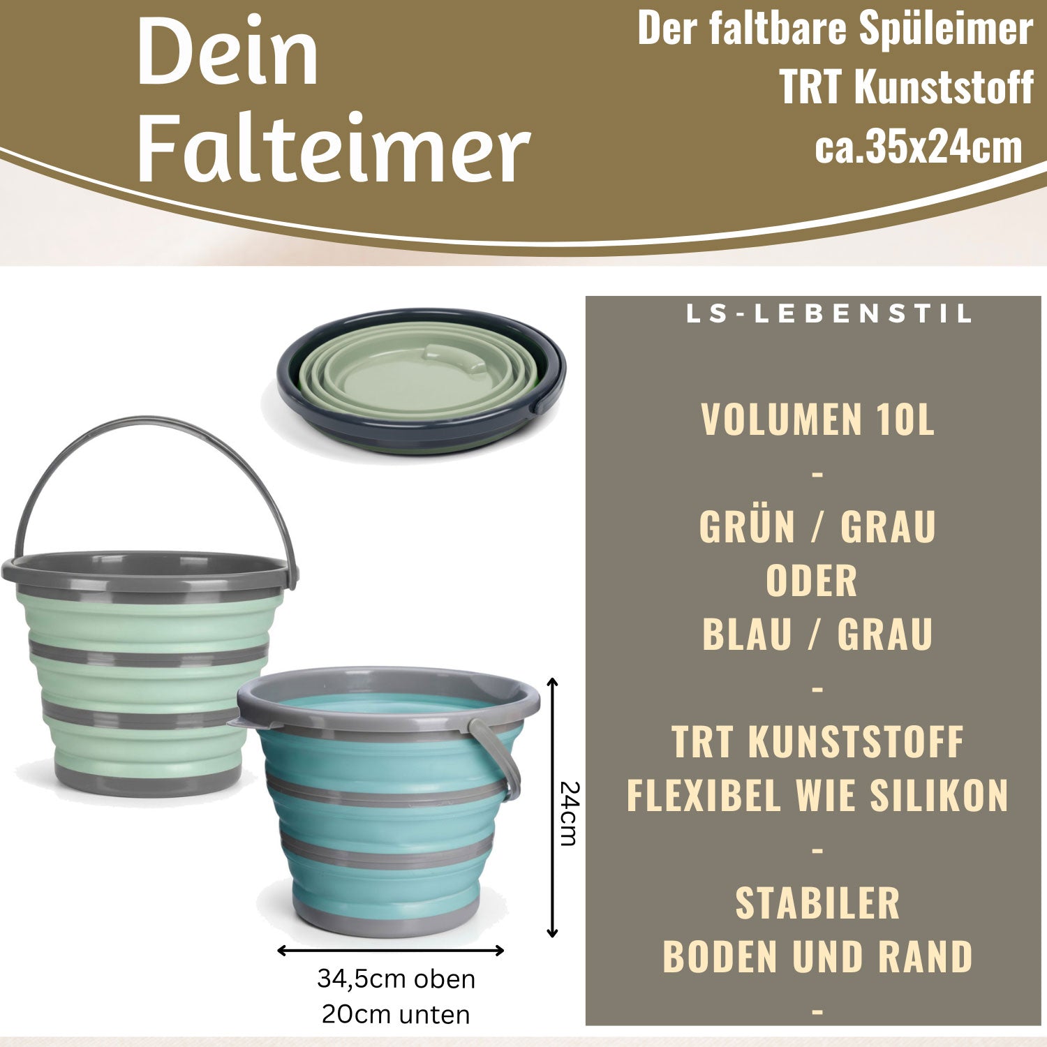 LS-LebenStil Falteimer 10L 35x24cm Grau-Grau mit Griff faltbar