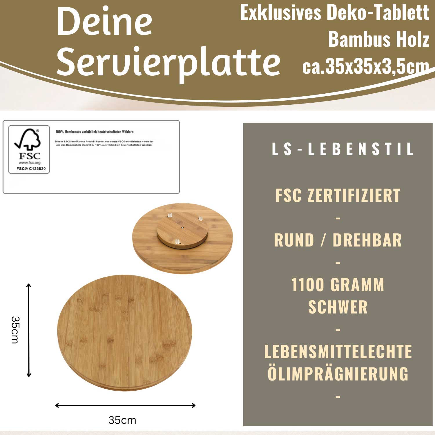 LS-LebenStil XL Servierplatte Drehteller Bambus 35cm