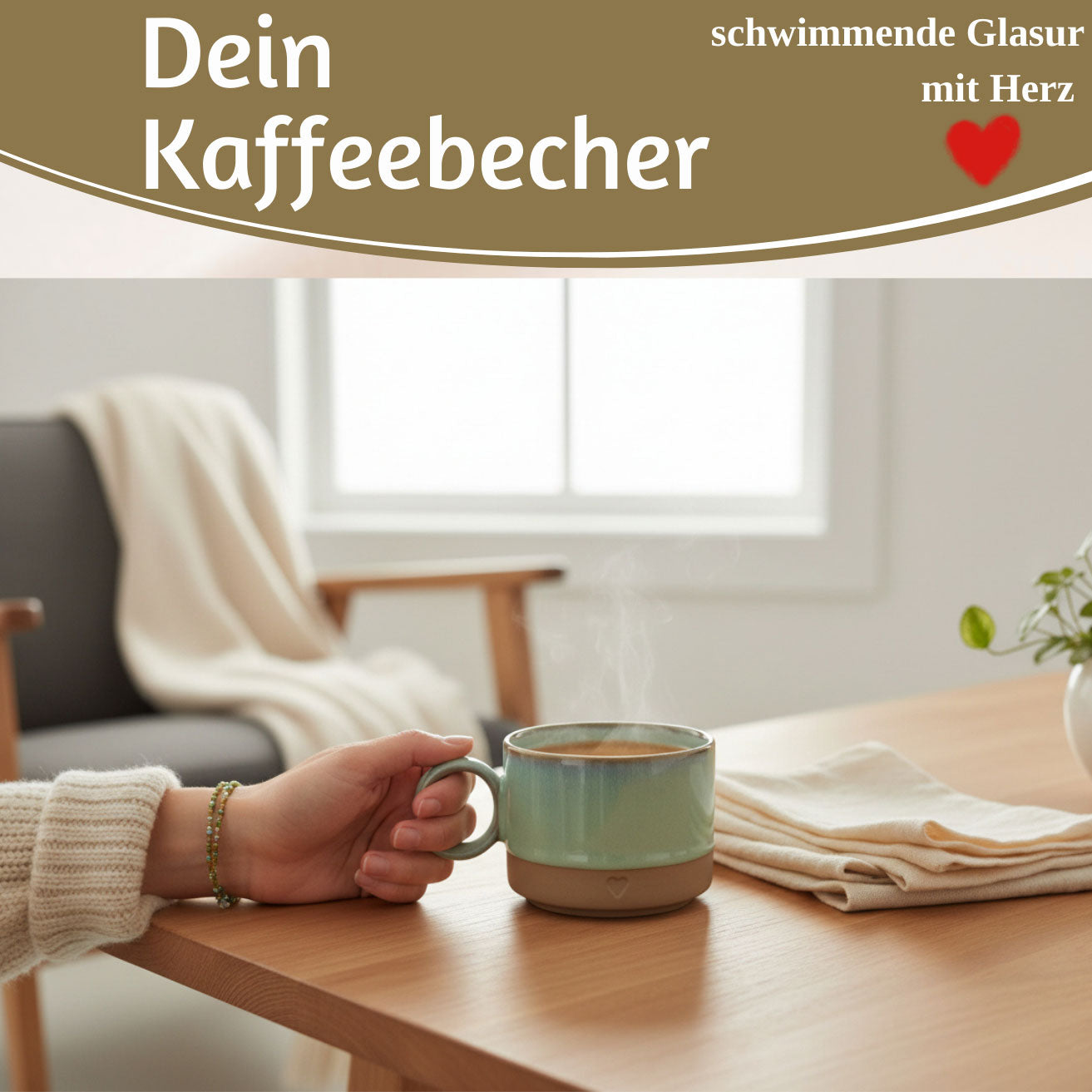 LS-LebenStil Tontasse Kaffeebecher 290ml Aqua Herz mattbraun