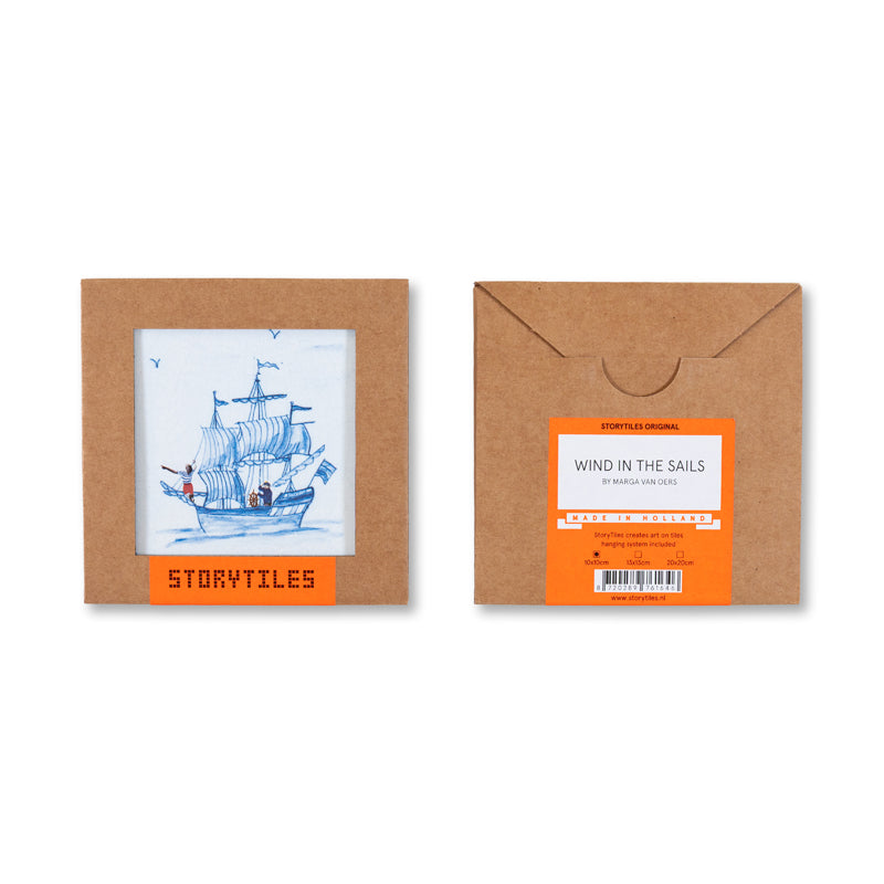 Storytiles Delft Blue Wind in de zeilen Fliese S 10x10 cm Segelschiff