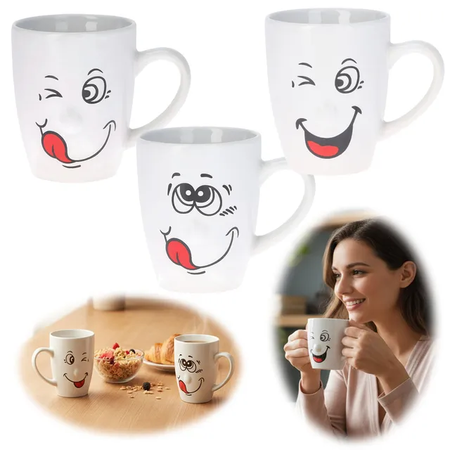 LS-LebenStil Smiley Kaffeebecher 300ml Set 3-tlg Weiß Henkel